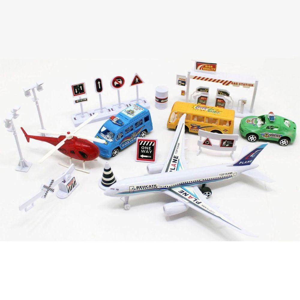 Kit Brinquedo Aeroporto Com 14 Peças Avião Helicóptero Ônibus