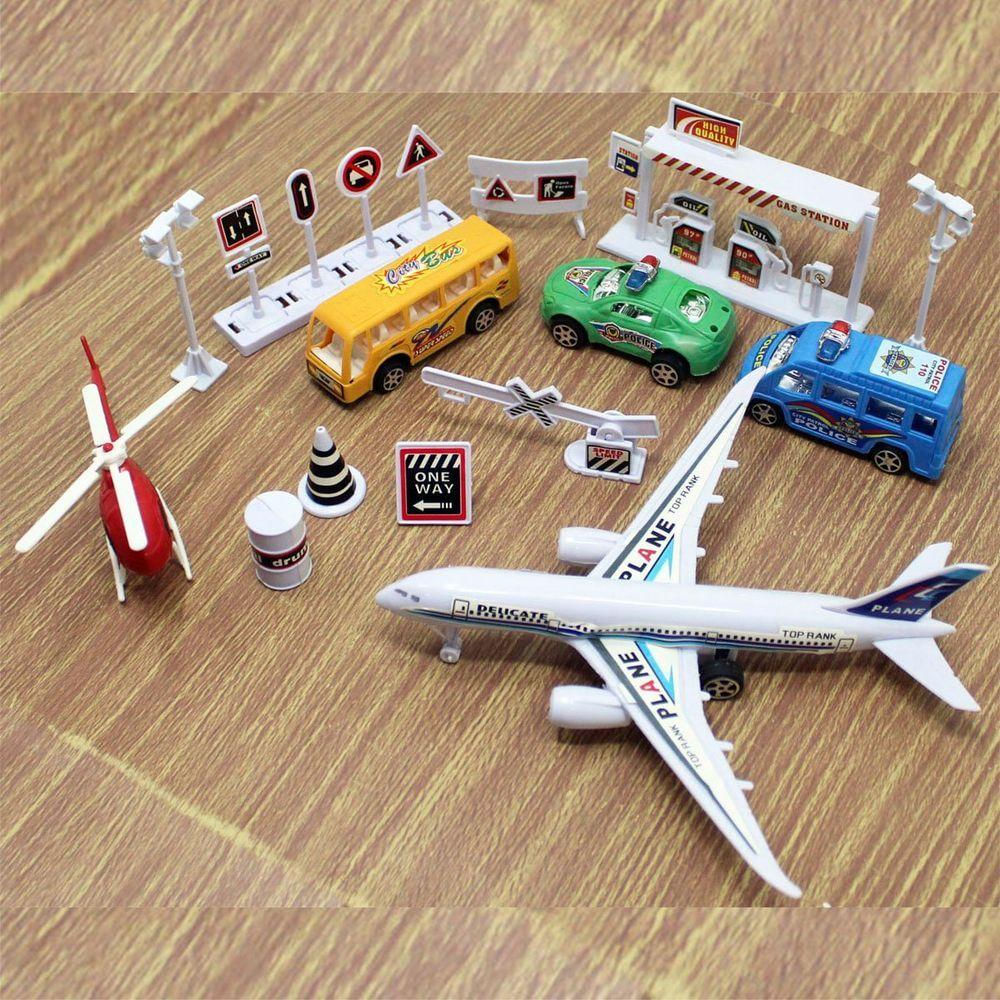 Kit Brinquedo Aeroporto Com 14 Peças Avião Helicóptero Ônibus