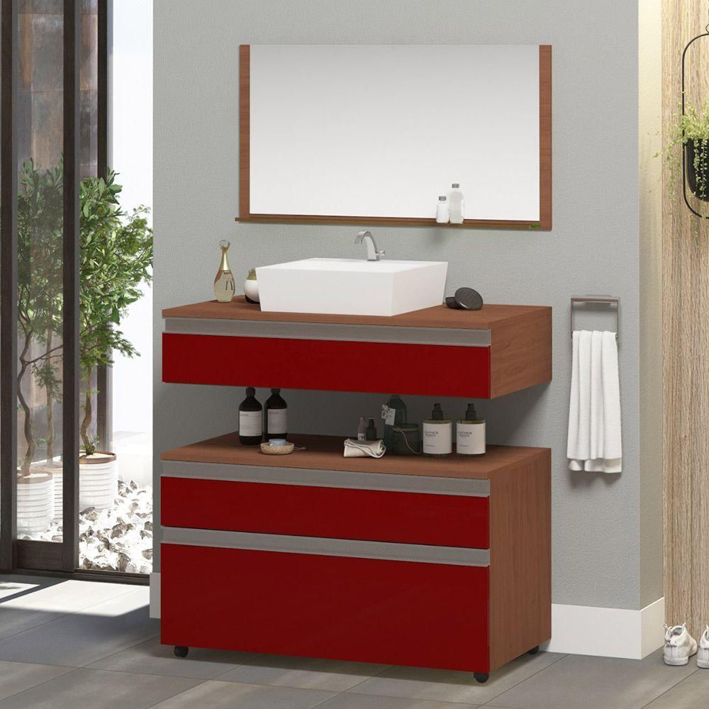 Gabinete Banheiro Superior E Inferior Com Rodízios 3 Gavetas 60cm Safira - Vinho - Vermelho