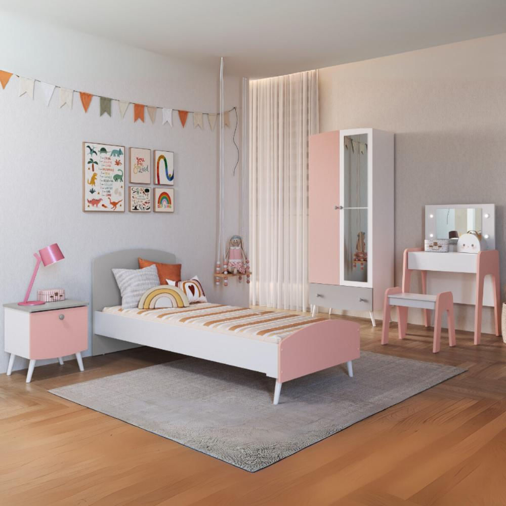 Quarto Infantil Completo para Colchão 78x188cm com Penteadeira Doçura Multimóveis MP4341 Branco com Rosa