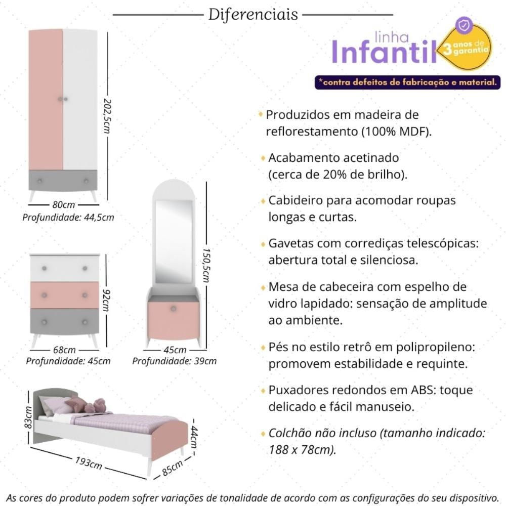 Quarto Infantil Completo para Colchão 78x188cm Doçura Multimóveis MP4376 Branco com Rosa