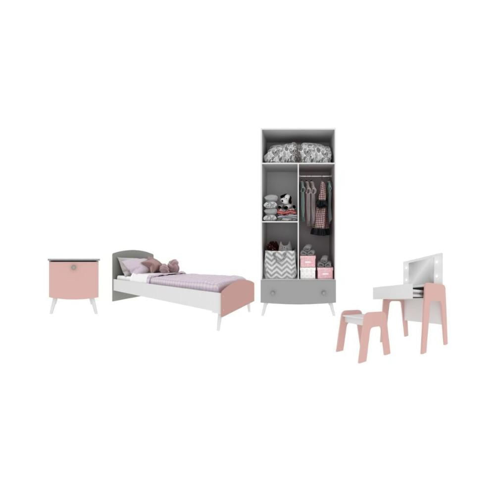 Quarto Infantil Completo para Colchão 78x188cm com Penteadeira Doçura Multimóveis MP4341 Branco com Rosa