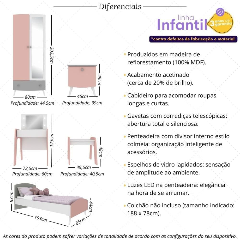 Quarto Infantil Completo para Colchão 78x188cm com Penteadeira Doçura Multimóveis MP4341 Branco com Rosa