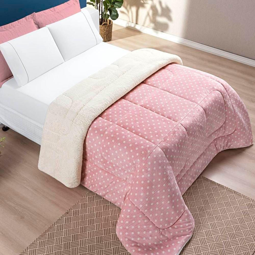 Edredom Solteiro Coberdrom Sherpa/mantinha Petit Poa 1 Peça - Rosa