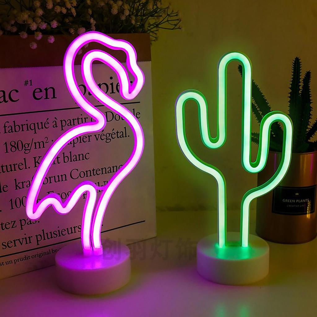 Luminária Neon LED Flamingo Verde Cacto Unicórnio com Base