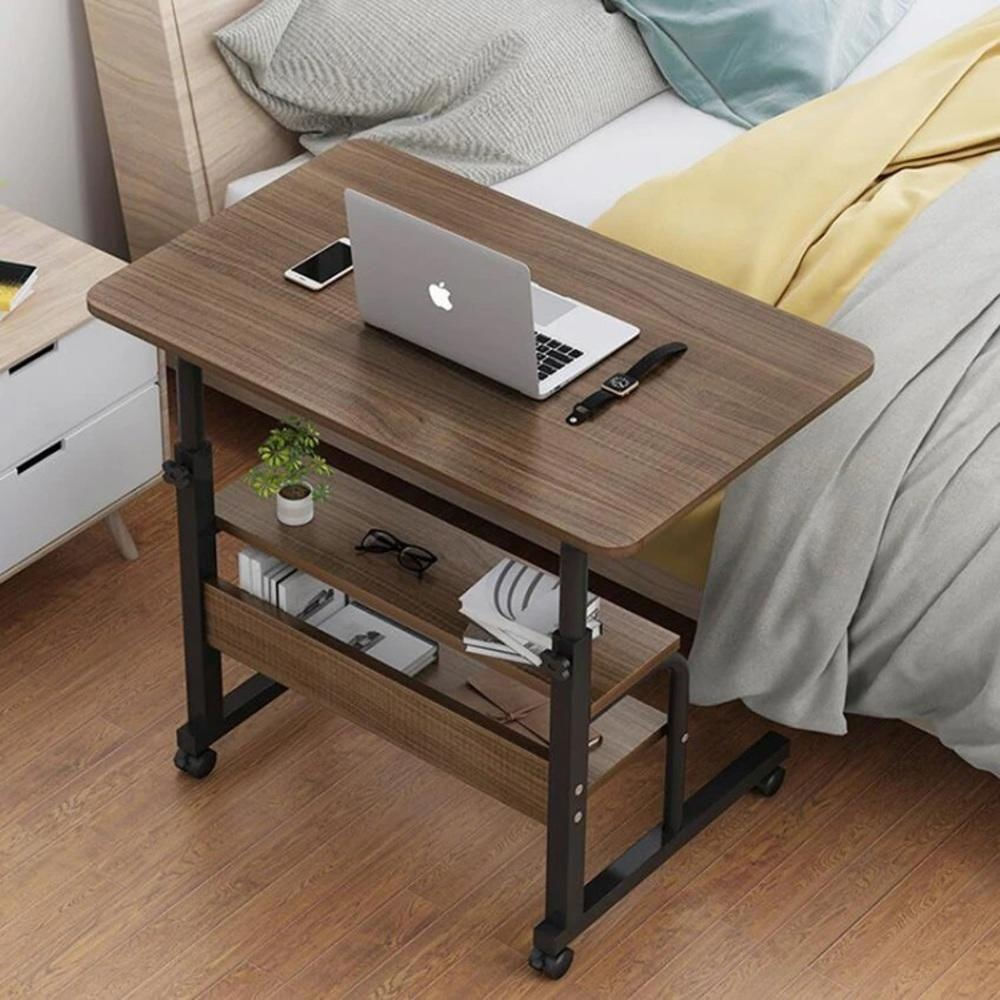 Mesa Para Notebook 2 Prateleiras Altura Ajustavel Organizador Estante Home Office Cama Rodinhas Multiuso Marrom