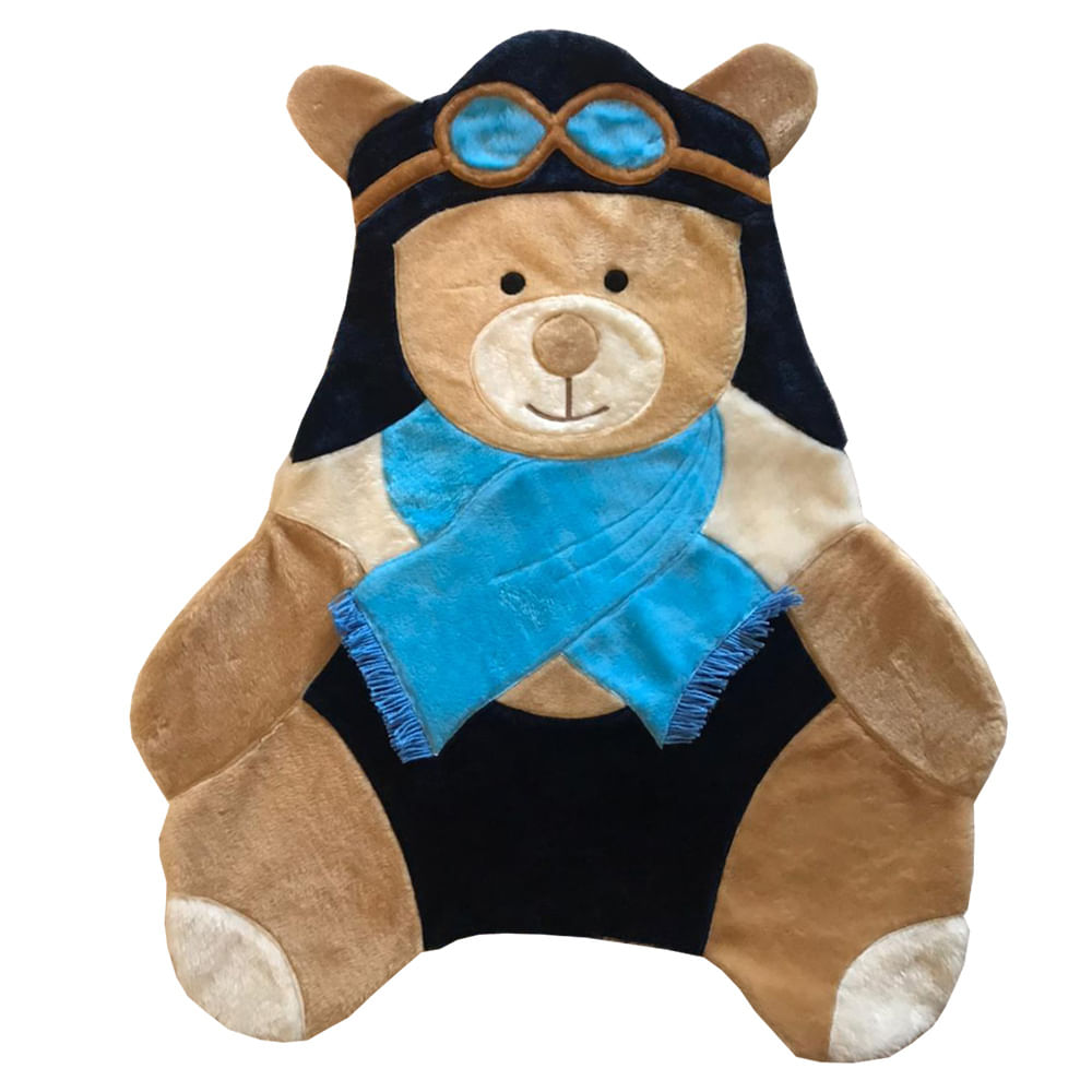 Tapete Pelúcia Urso Aviador 1,05m x 85cm Cachecol Infantil Macio Base Emborrachado - Azul