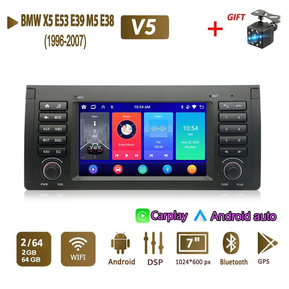 Reprodutor Multimídia para Carro BMW X5 E53 E39 M5 E38 1996-2007 2 Din Android Carplay GPS 2+64GB / preto