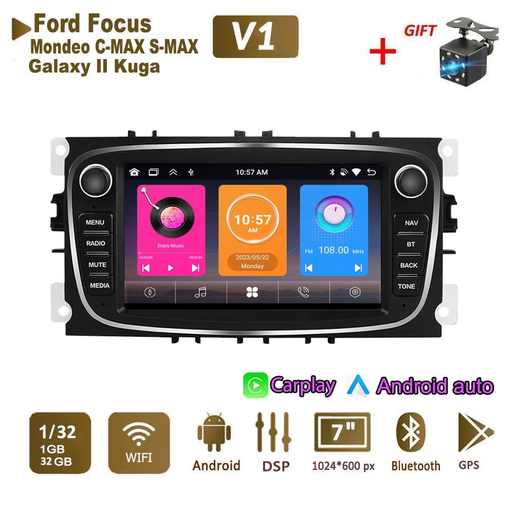 Reprodutor de Mídia para Carro Ford Focus Mondeo C-MAX S-MAX Galaxy II Kuga 2 Din Android 1+32GB / preto