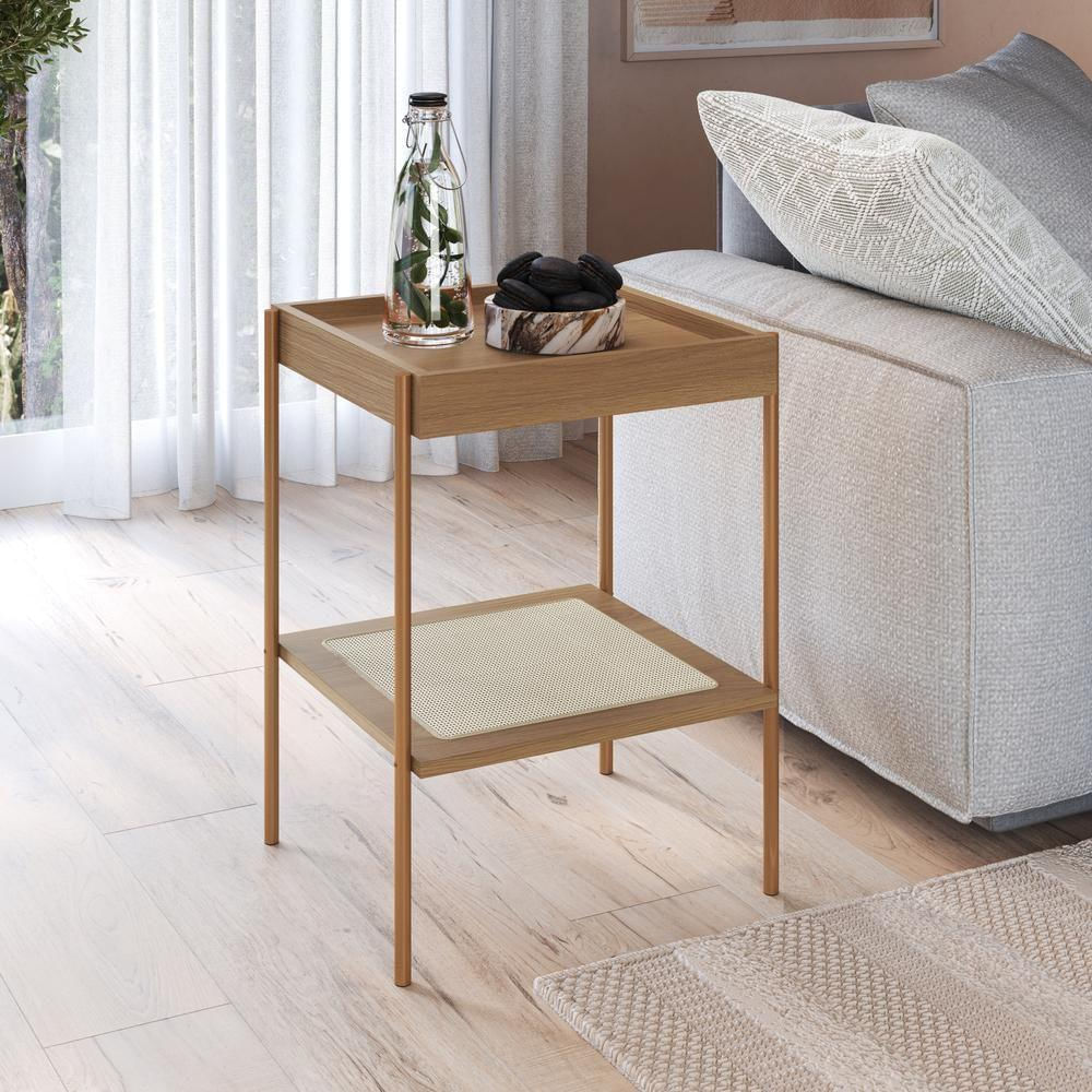 Mesa Lateral Quadrada C- Prateleira 43cm Palhinha Pé Metal Oslo Artesano | Hanover-dourado