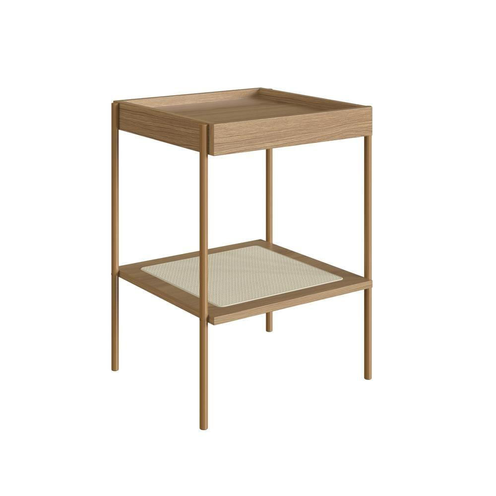 Mesa Lateral Quadrada C- Prateleira 43cm Palhinha Pé Metal Oslo Artesano | Hanover-dourado