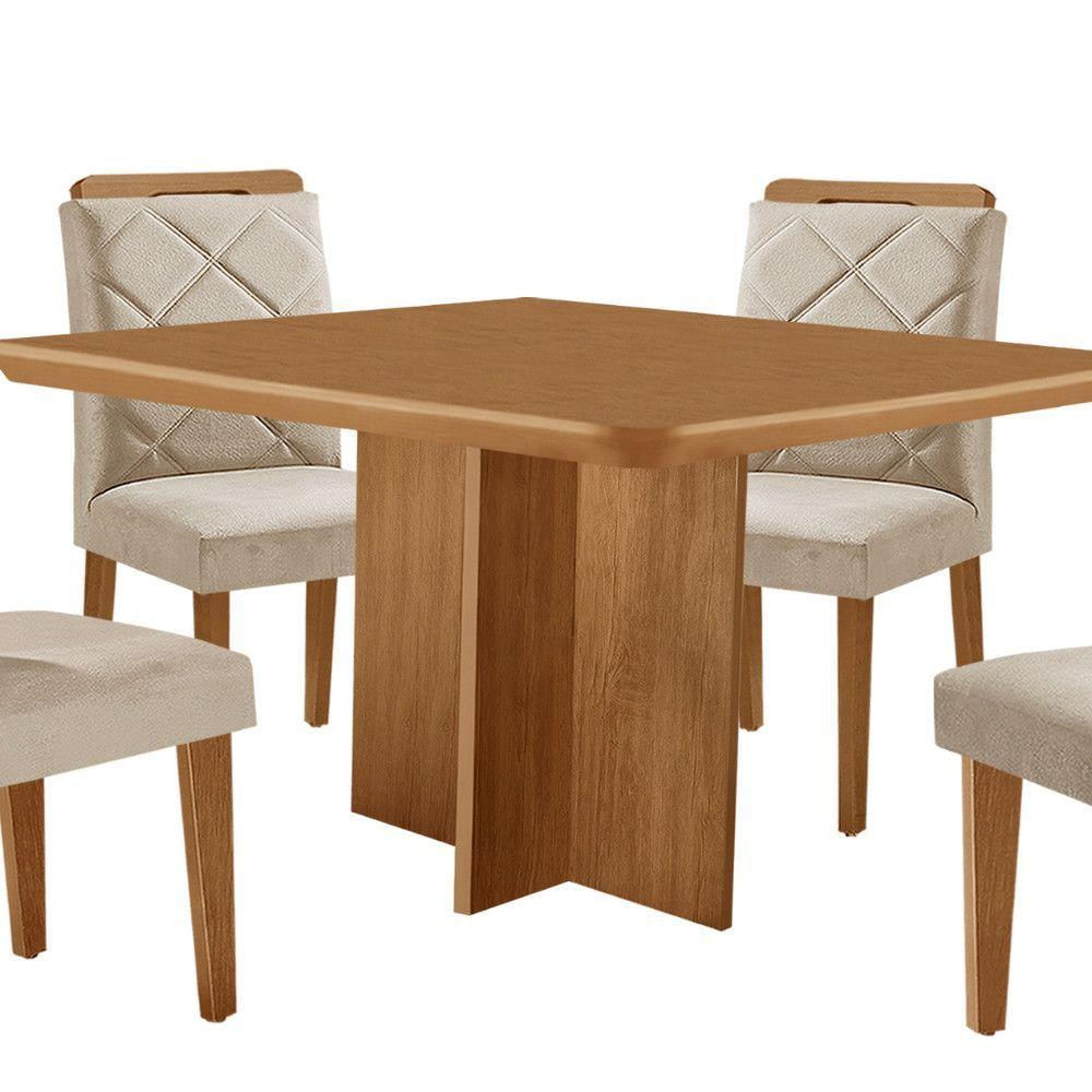 Mesa Olimpia 90 Mdf Com 4 Cadeiras Melissa Veludo Creme/naturalle/naturalle