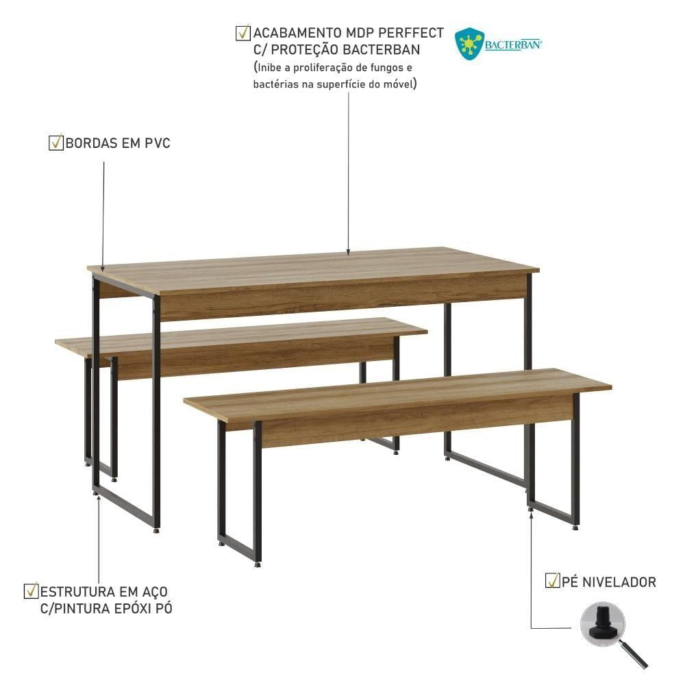 Mesa De Jantar Tub C-02 Bancos Lâmina Mel - Est.preta Lâmina Mel - Est.preta