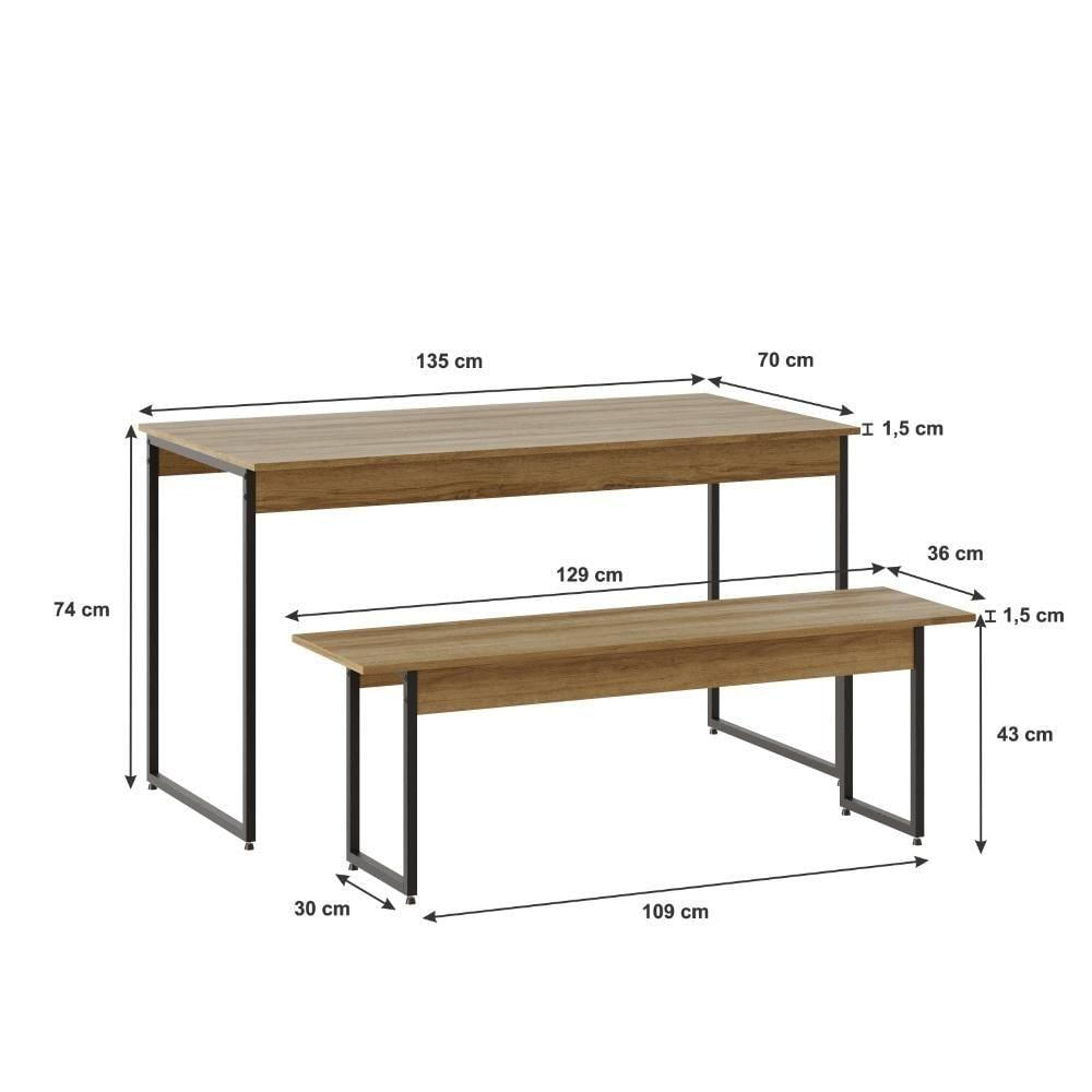 Mesa De Jantar Tub C-02 Bancos Lâmina Mel - Est.preta Lâmina Mel - Est.preta