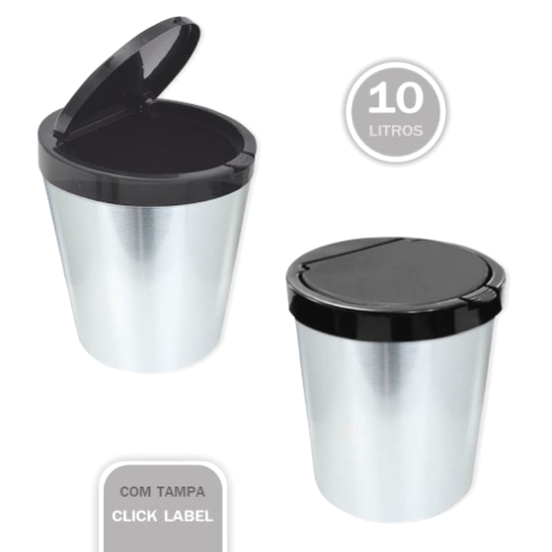 Lixeira 10 Litros Prata Cesto Elegante com Tampa Click Label e Acabamento Metalizado para Banheiro Cozinha Lavanderia