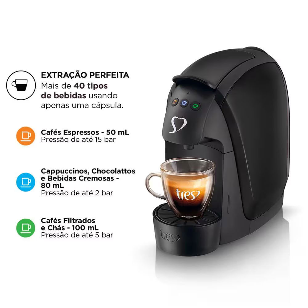 Máquina de Café Espresso 3 Corações Luna Automática 600ml Preto / 220V