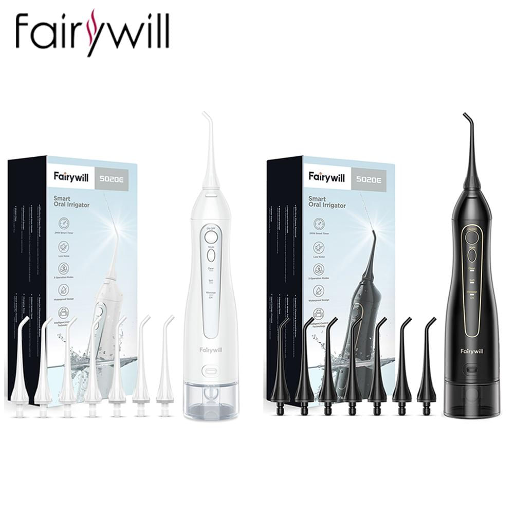 Irrigador Oral Fairywill Preto e Branco Portátil 300ML USB 3 Modos 14 Cabeçotes