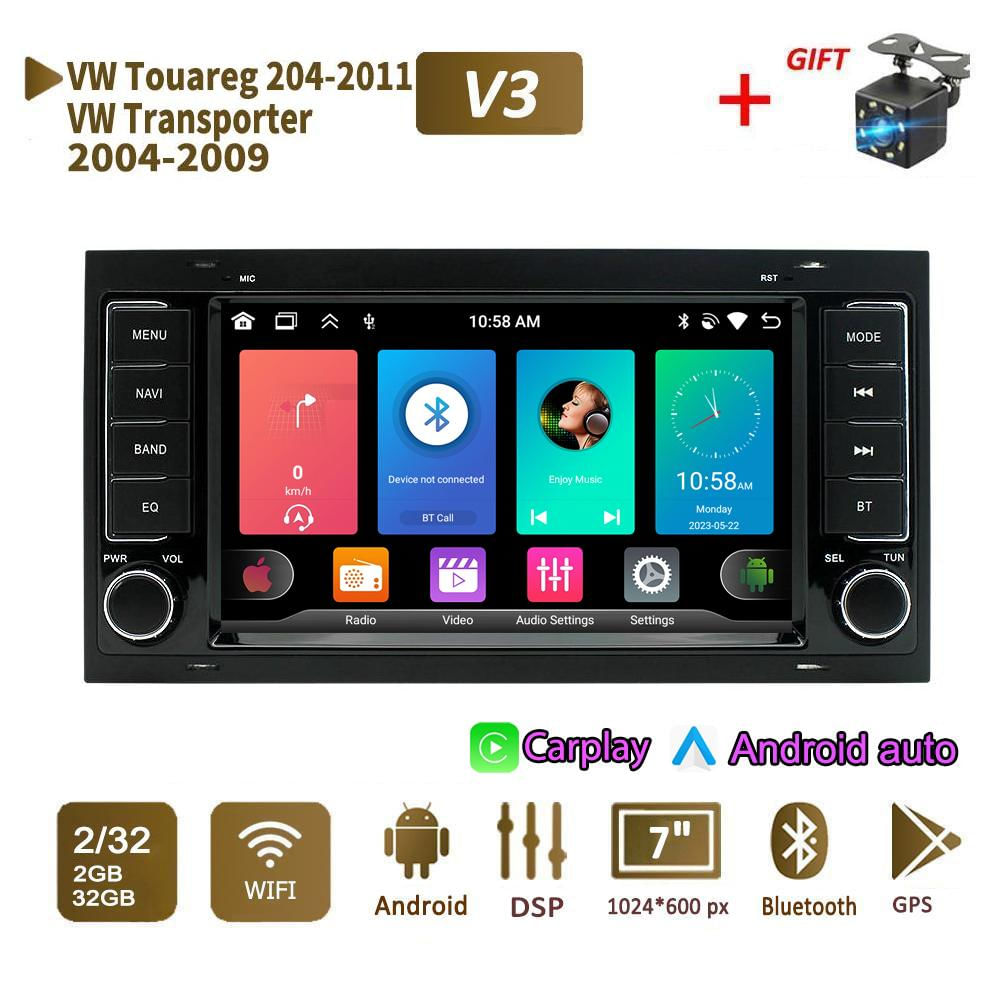 Reprodutor Multimídia de Rádio para Volkswagen Touareg e Transporter T5 2004-2011 2+32GB / preto