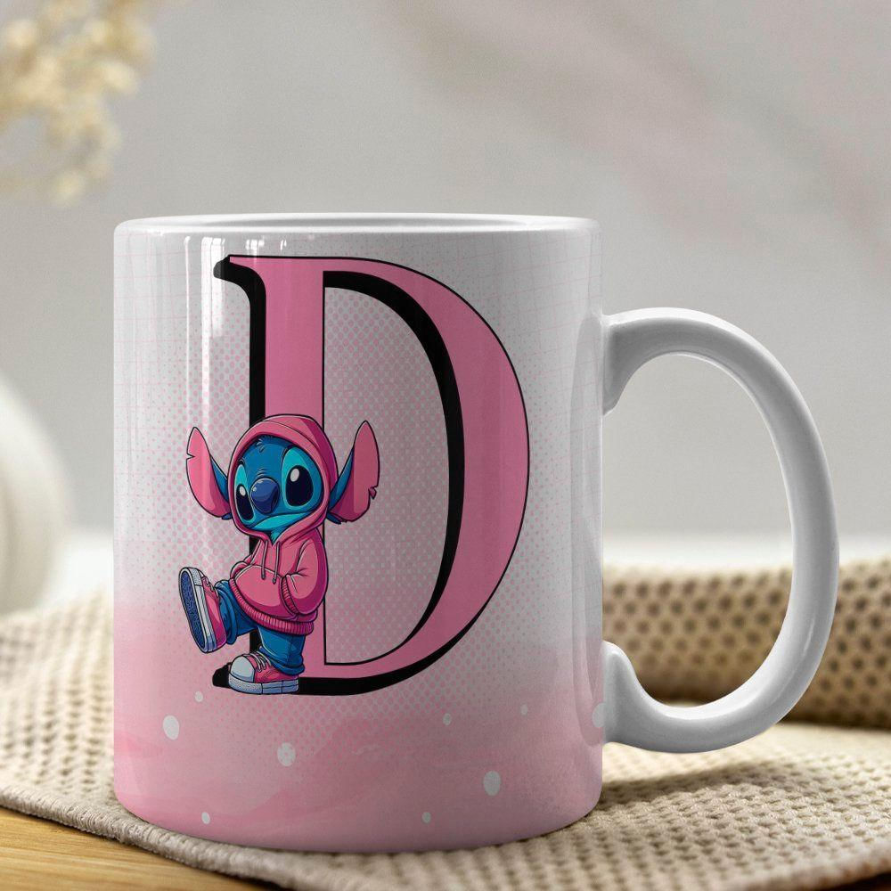 Caneca De Porcelana Stitch Letras A-z 325ml Rosa D