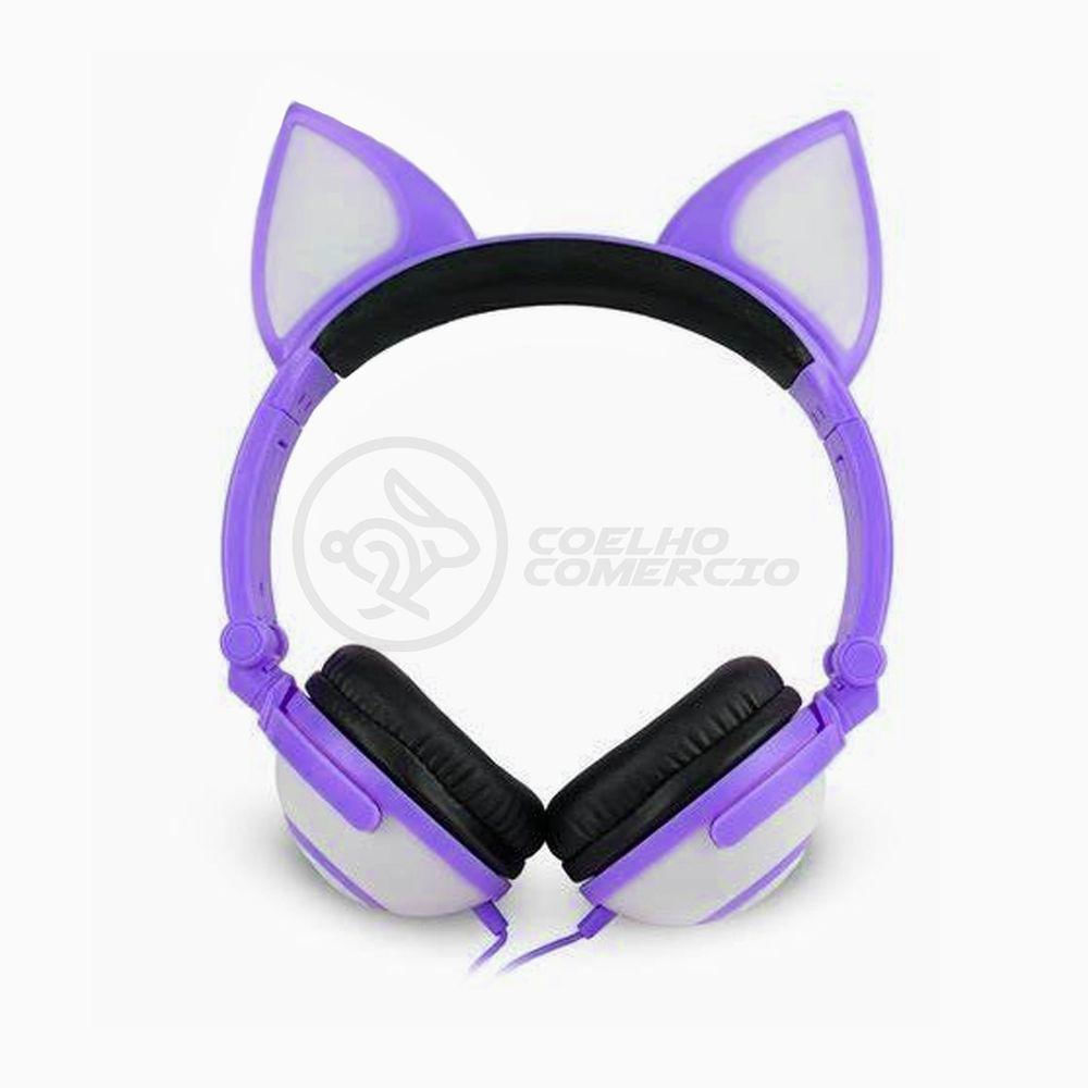 Fone De Ouvido Gatinho Led Dobrável Microfone Roxo