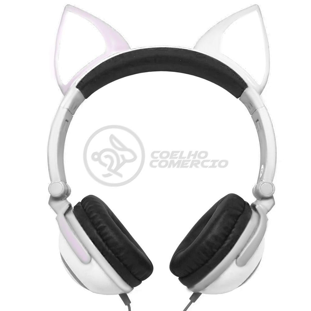 Fone De Ouvido Gatinho Fox Fio C/ Led Infantil Branco