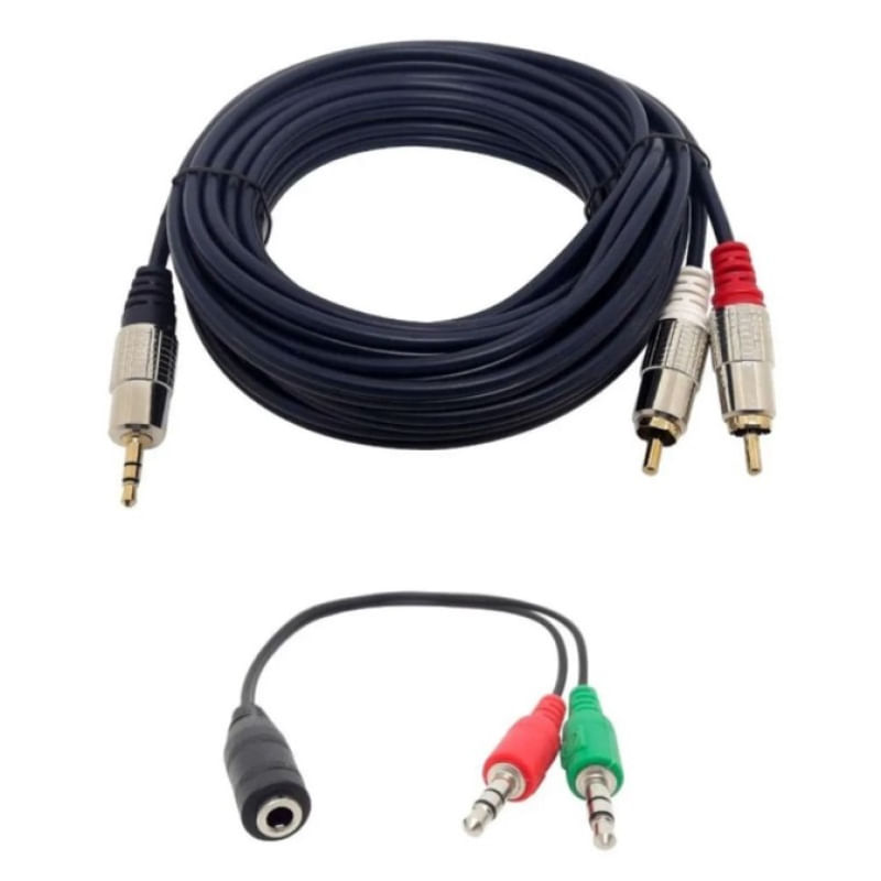 Kit 1 Cabo P2 Estéreo X 2 Rca 5mt+adaptador P3 Com 2 Jacks P2