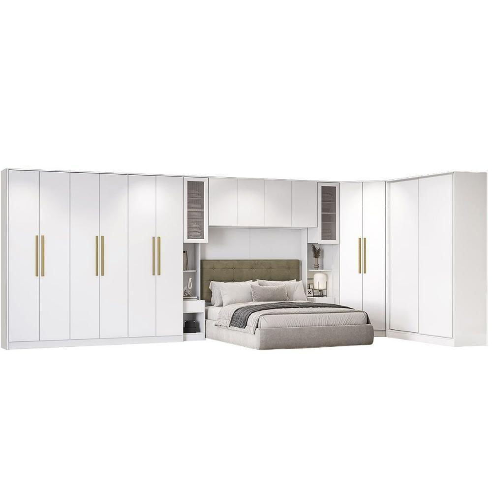 Guarda Roupa Closet De Quarto Adapt 9 Peças ( 3 Armários + 1 Ponte Aéreo + 1 De Canto Obliquo + 4 Complementos) Qcm129 Branco