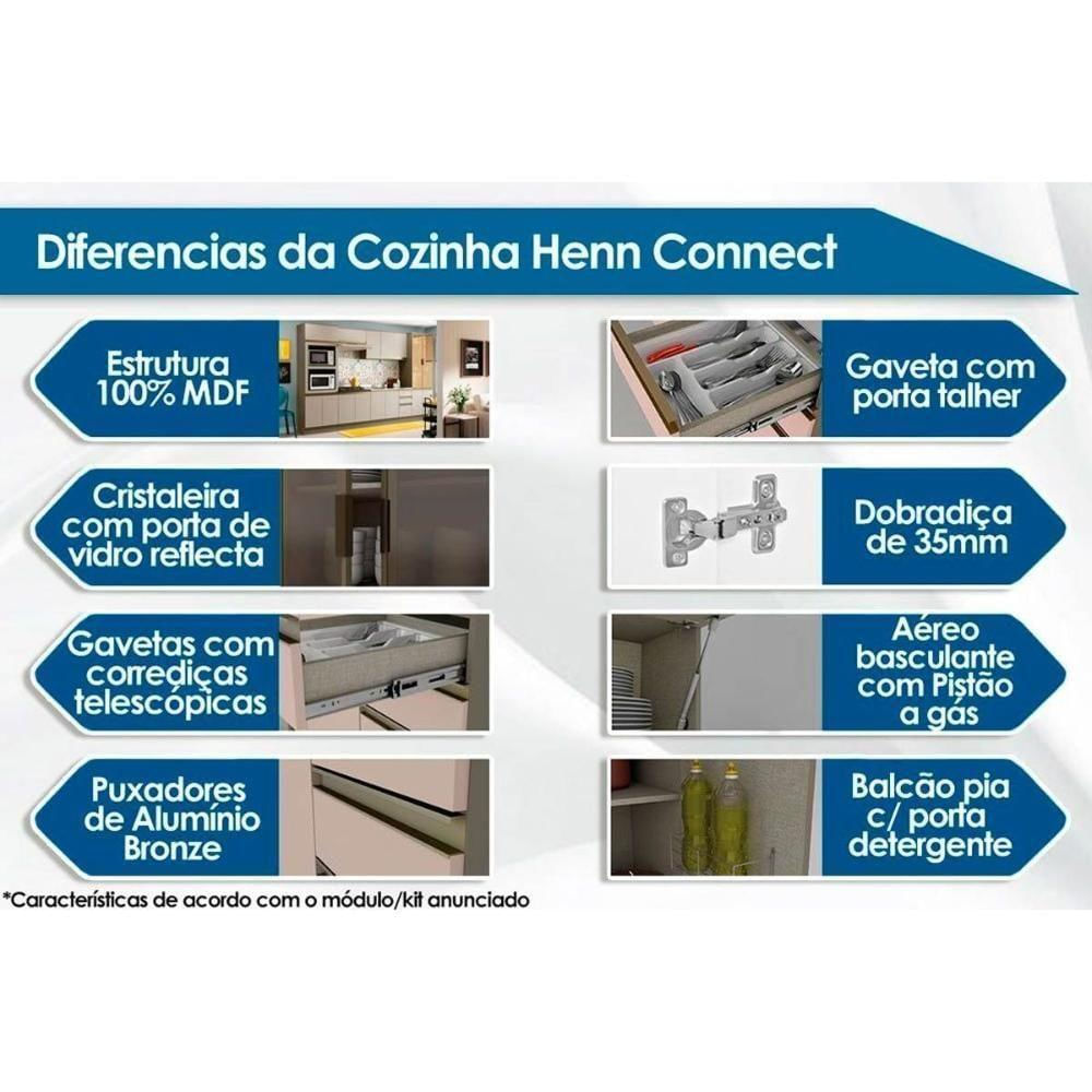 Cozinha Completa Connect (2 Aéreos, 2 Balcões, 1 Paneleiro, 1 Complemento) 6pçs Duna/cristal - Henn