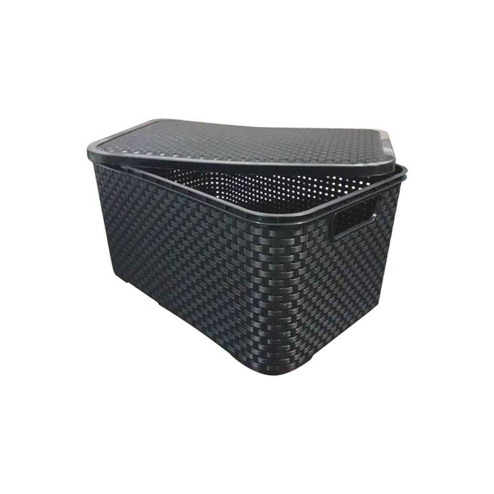 Caixa 07 Litros Preta Cesto de Rattan com Tampa Ideal para Roupas Mantimentos Brinquedos e Acessórios Alta Qualidade