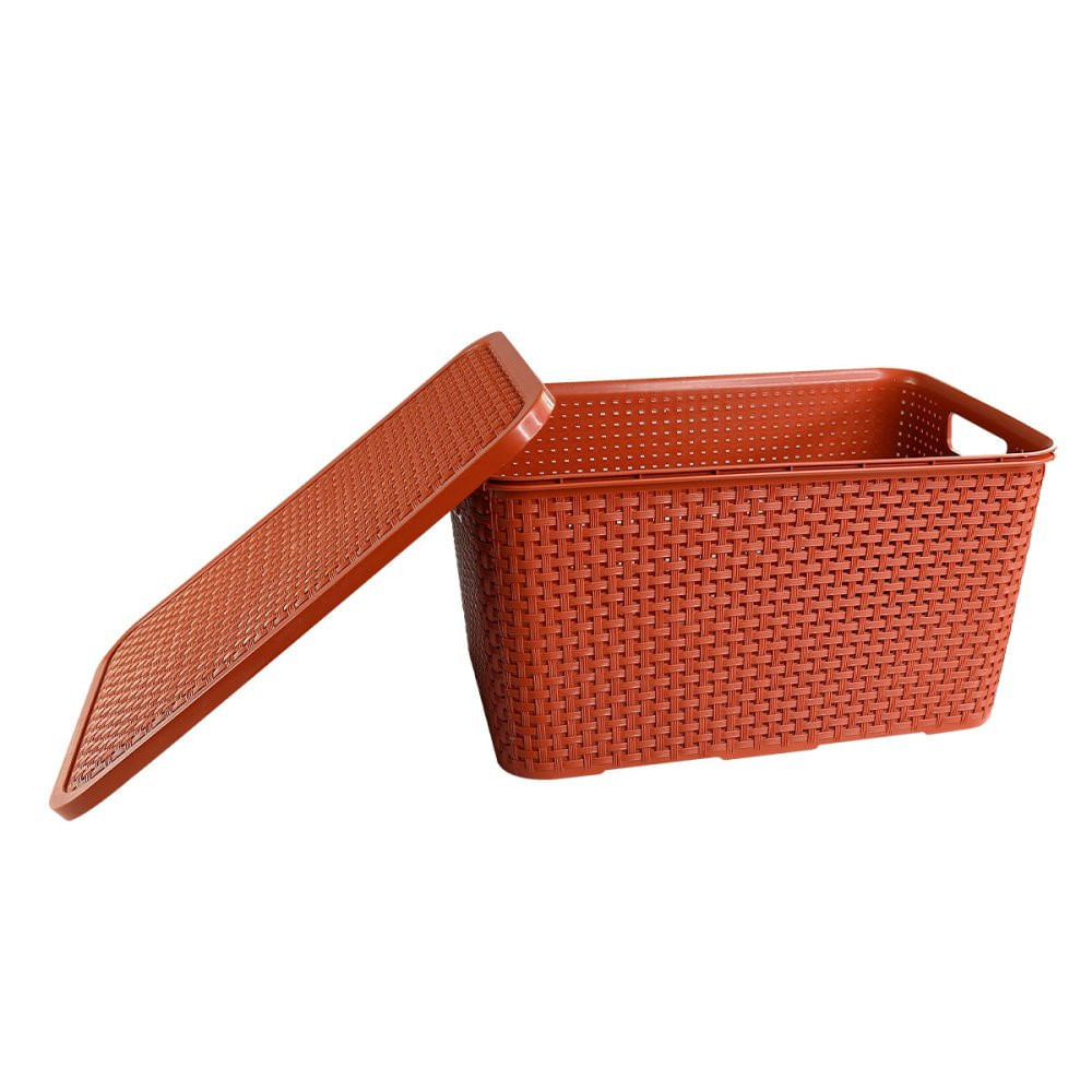 Caixa 07 Litros Terracota Cesto de Rattan com Tampa Ideal para Roupas Mantimentos Brinquedos e Acessórios Alta Qualidade