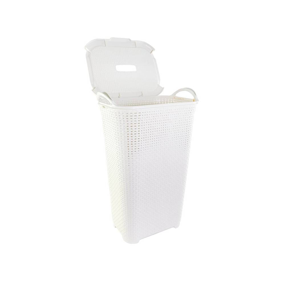 Cesto Branco 50 Litros com Tampa e Alça Textura Rattan para Quarto e Lavanderia Organizador de Brinquedos e Roupa Suja