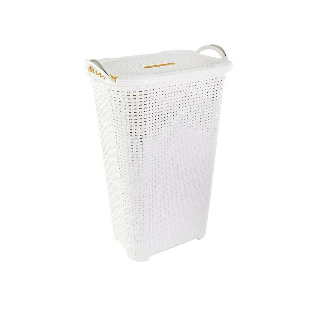 Cesto Branco 50 Litros Design Texturizado Rattan com Tampa e Alça Perfeito para Lavanderia e Armazenamento de Brinquedos