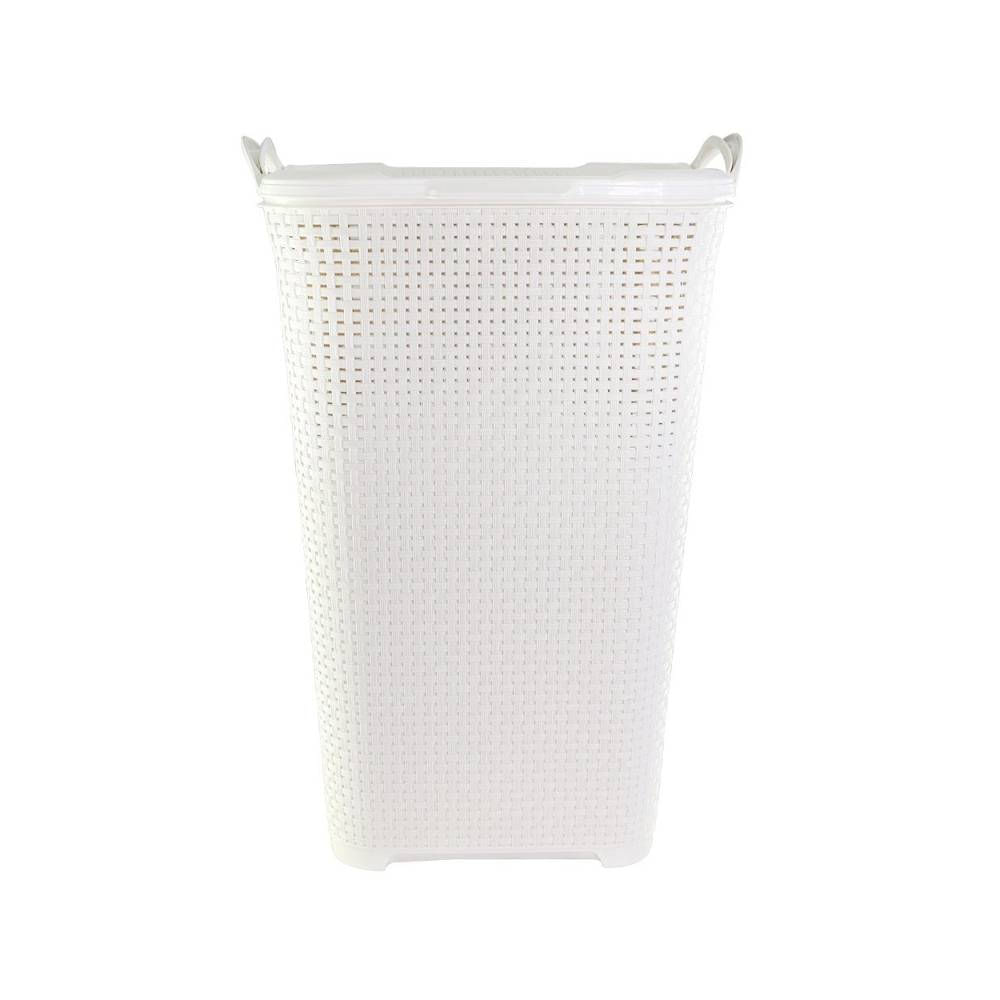 Cesto Branco 50 Litros Design Texturizado Rattan com Tampa e Alça Perfeito para Lavanderia e Armazenamento de Brinquedos