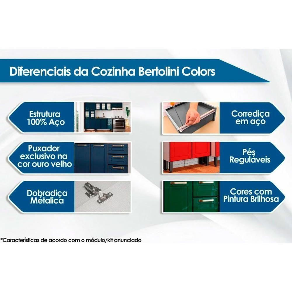 Gabinete P- Pia Cozinha Balcão C- Tampo Colors 6114 C- 3 Portas E 2 Gavetas 105cm Branco-vermelho - Bertolini