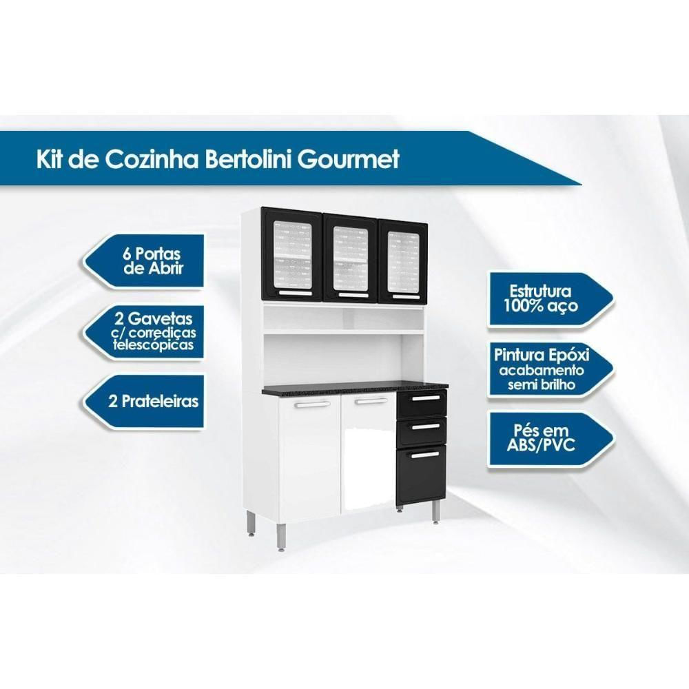 Kit De Cozinha Compacta Gourmet C/ 6 Portas (3 C/ Vidro) E 2 Gavetas 120cm Preto - Bertolini