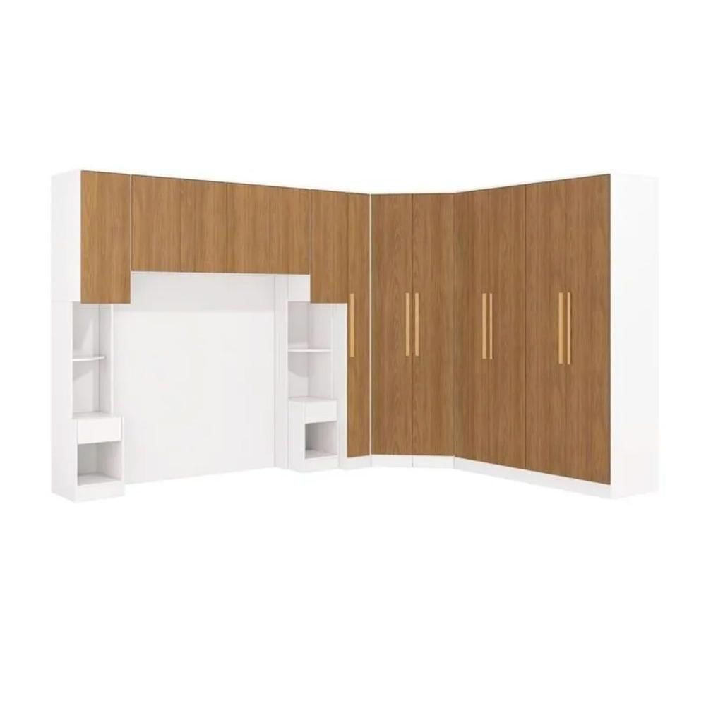 Guarda Roupa Closet De Quarto Adapt 8 Peças (4 Armários + 2 Complementos + 1 De Canto Obliquo + 1 Ponte Aérea) Qcm149 Branco-nogueira