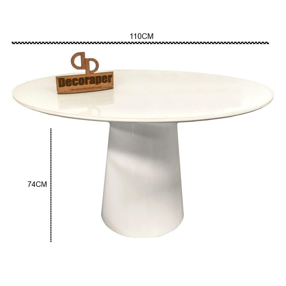 Mesa Jantar Cone Laqueado Tampo Redondo Laca Com Vidro 110cm Branco