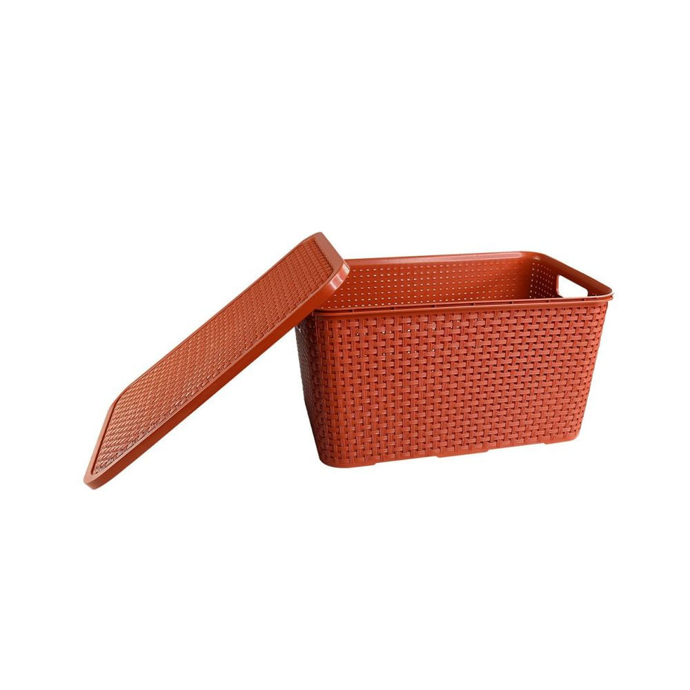 Caixa 15 Litros Terracota Cesto de Rattan com Tampa Ideal para Roupas Mantimentos Brinquedos e Acessórios Alta Qualidade