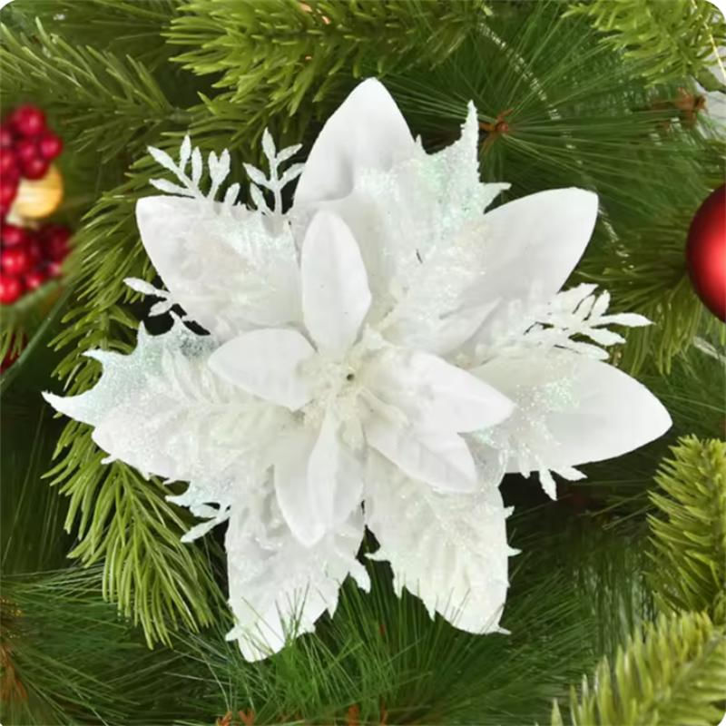 Decoração Artificial de Natal com Glitter 14cm para Presentes e Árvore de Natal Branco