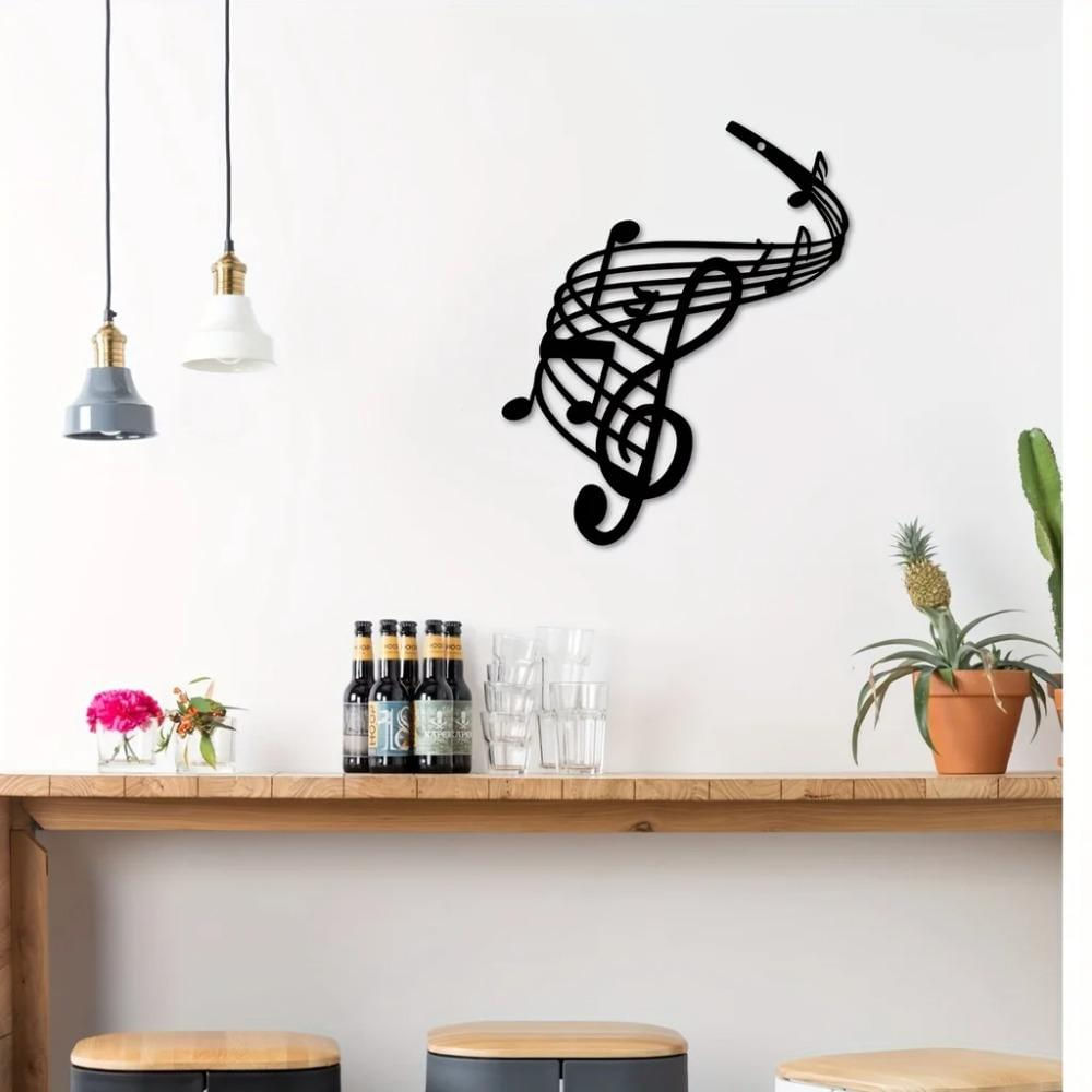 Arte em Metal com Notas Musicais – Decoração de Parede Preta, Escultura Elegante para Casa