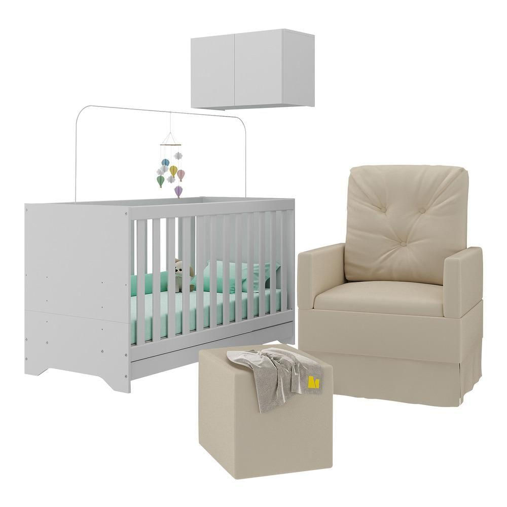 Berço 3 Em 1 Com Colchão Poltrona Puff E Armário Aéreo 2 Portas Multimóveis Mp4166 Branco/bege