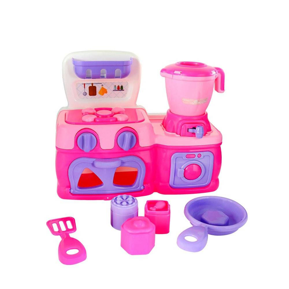 Mini Cozinha Infantil Brinque com o Conjunto Rosa de Fogão Forno e Liquidificador Divertido