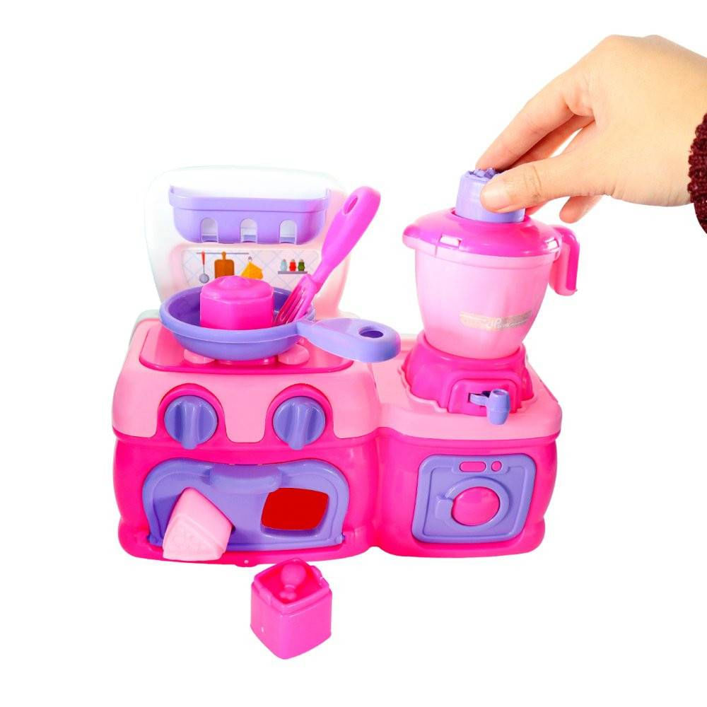 Mini Cozinha Infantil Brinque com o Conjunto Rosa de Fogão Forno e Liquidificador Divertido