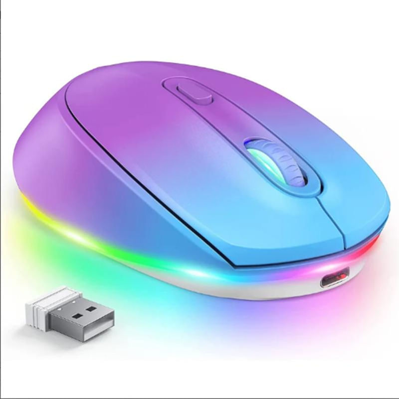 Mouse Sem Fio Portátil 2.4G Recarregável com Luzes LED Arco-Íris