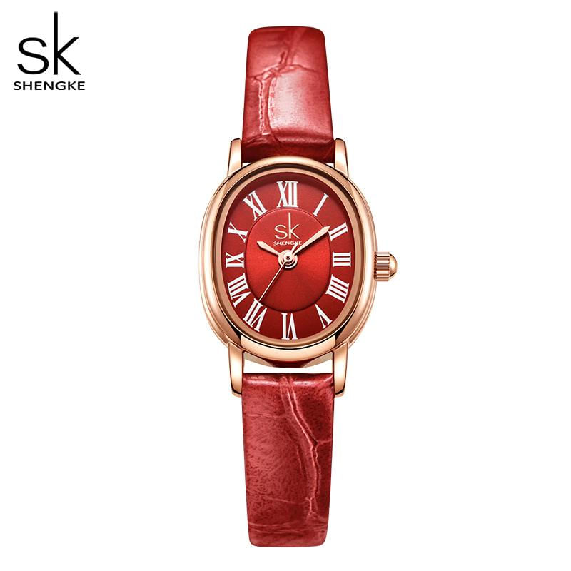 Relógio Feminino Shengke SK Elegante com Pulseira de Couro vermelho