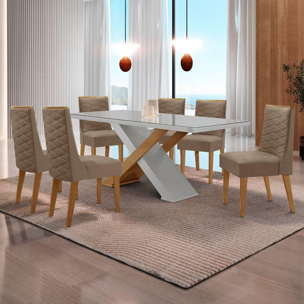 Mesa Sala De Jantar Carol 180cm E 6 Cadeiras Safira Moderna Vel. Capuccino Off White Imbuia