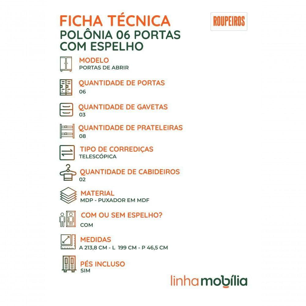 Guarda Roupa De Casal Polônia Com Espelho 6 Portas Linhamobília Cinamomo