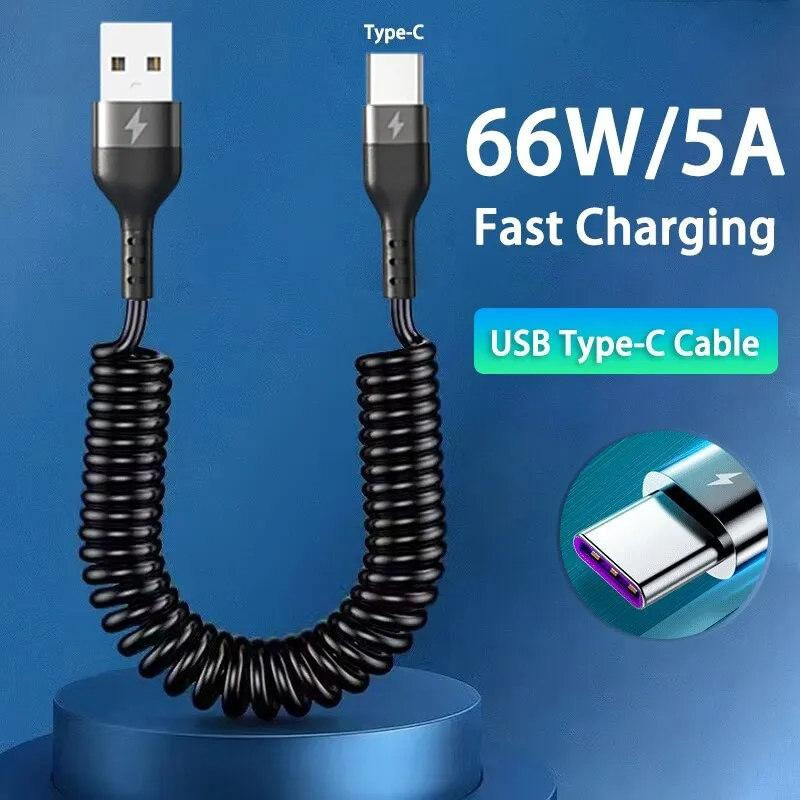 Cabo Retrátil USB Tipo C para Carregamento Rápido 5A para Celulares 1,5M / preto