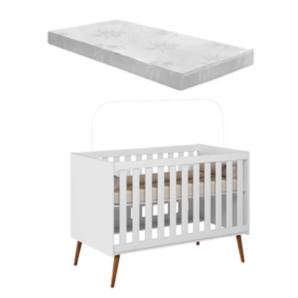 Berço Infantil Lunna 100% MDF Estilo Retrô Branco Com Colchão