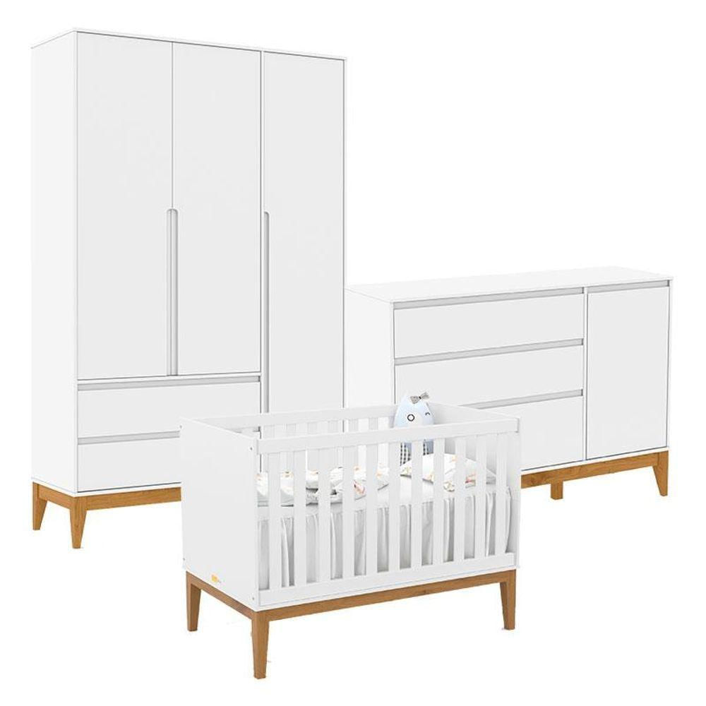 Quarto De Bebê Nature Clean 3 Portas Com Berço Unique Branco Soft Eco Wood - Matic